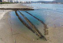 Navio misterioso aparece em SP após mar recuar e revelar a estrutura